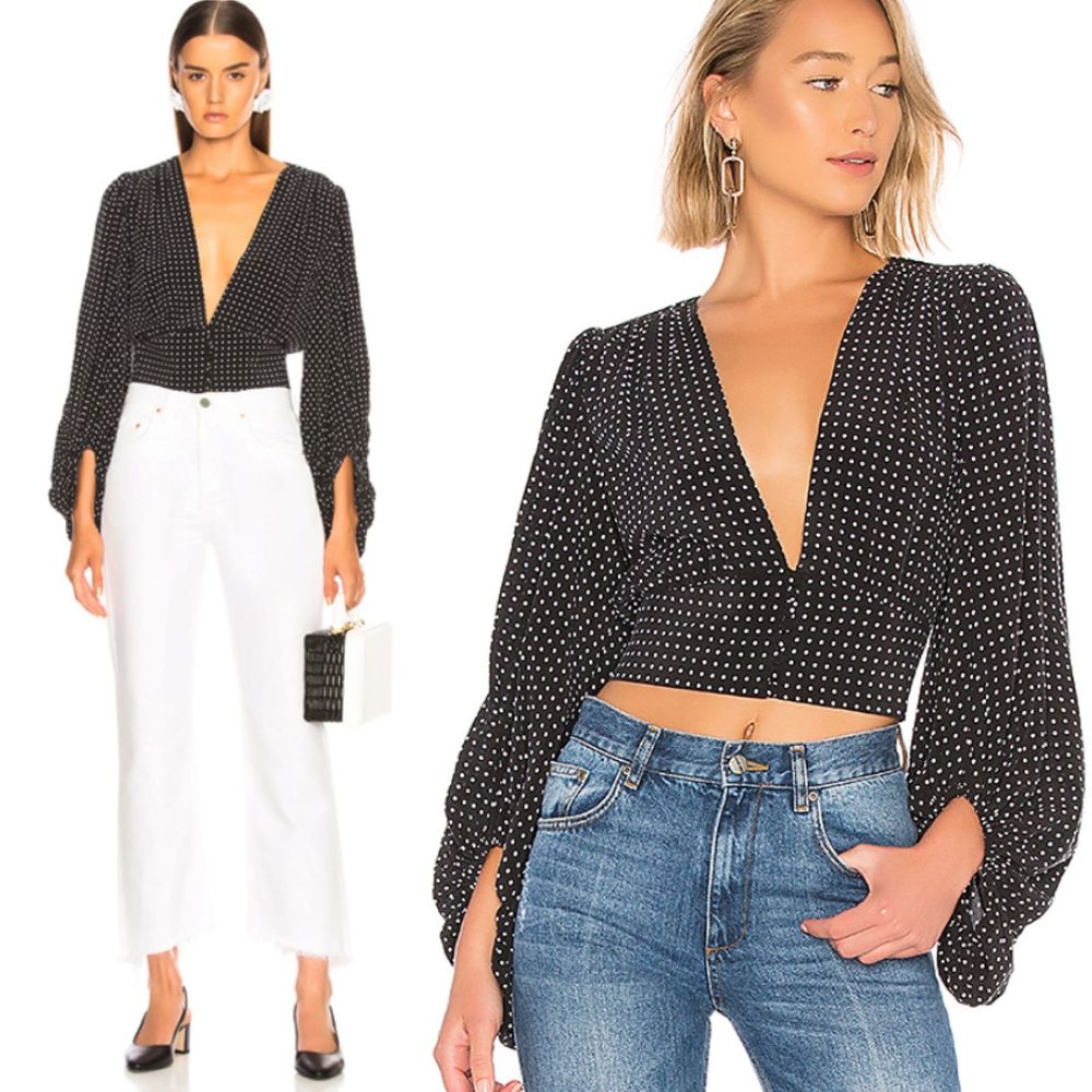 Equipment Black Polka Dot Deep V Cropped Blouse